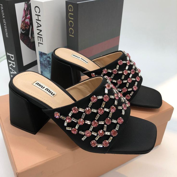 Rhinestone Embellished Block Heel Sandals