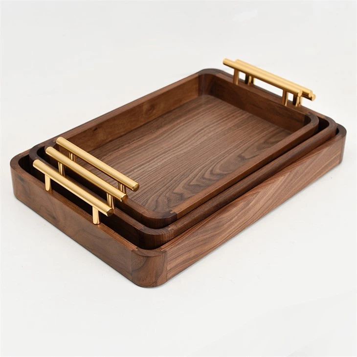 Luxury Wooden Serving Tray Set with Gold Handles