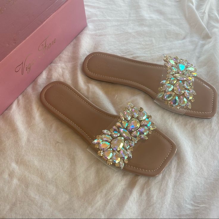 Women's Luxury Rhinestone Flat Slide Sandals