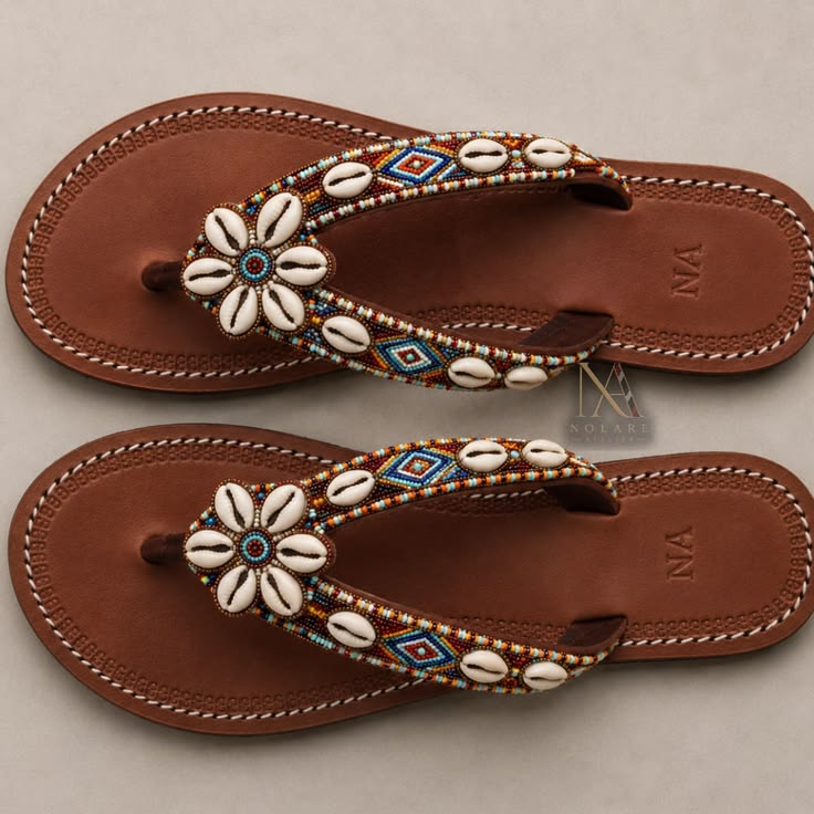 Beaded Shell Embellished Flat Sandals
