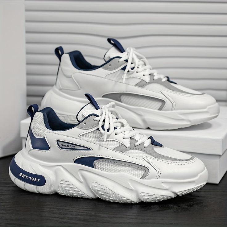 Men’s White Blue Chunky Sneakers – Lightweight Casual Sports Shoes